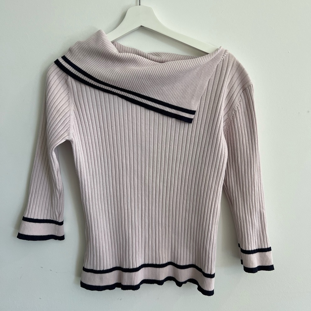 AGB Off-Shoulder Ribbed Sweater in Cream with Black Trim